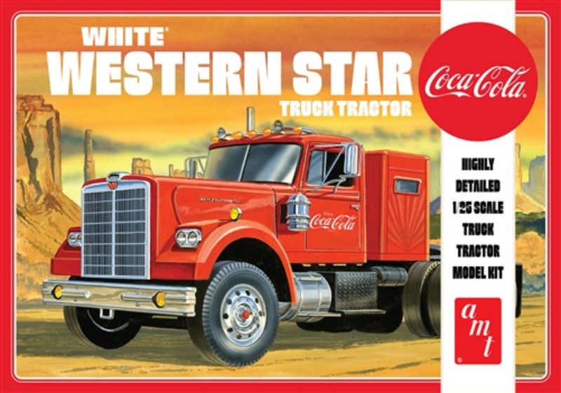 1/25 scale model kit of a White Western Star truck featuring Coca Cola livery, perfect for hobbyists aged 10 and up.