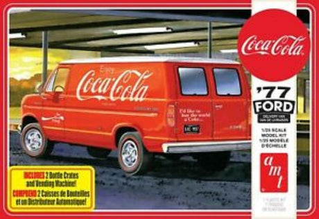 1/25 scale unassembled model kit of a 1977 Ford Van with Coca Cola graphics, includes mini vending machine, perfect for collectors.