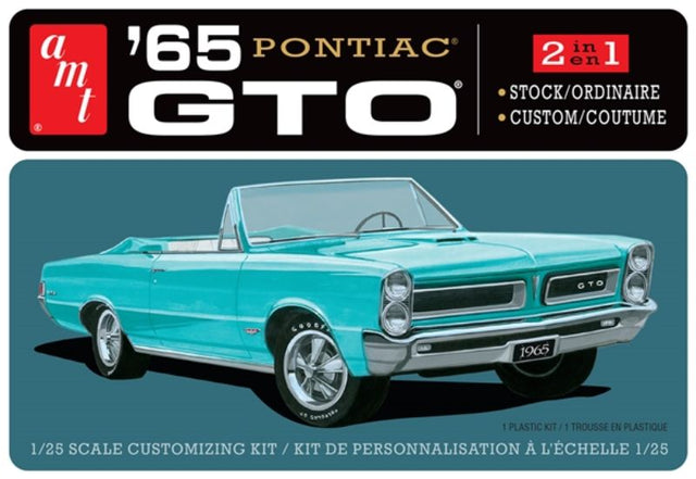 Detailed 1/25 scale model kit of a 1965 Pontiac GTO for car enthusiasts, perfect for display and customization.