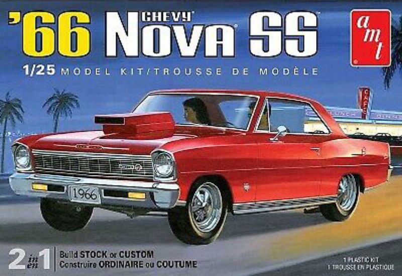 Detailed 1/25 scale model kit of a classic 1966 Chevy Nova SS, unassembled for an engaging building experience.