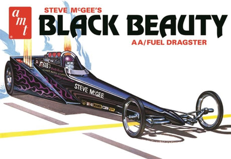 1/25 scale plastic model kit of the iconic Black Beauty Wedge Dragster, ideal for enthusiasts aged 10 and up, requires glue and paint.