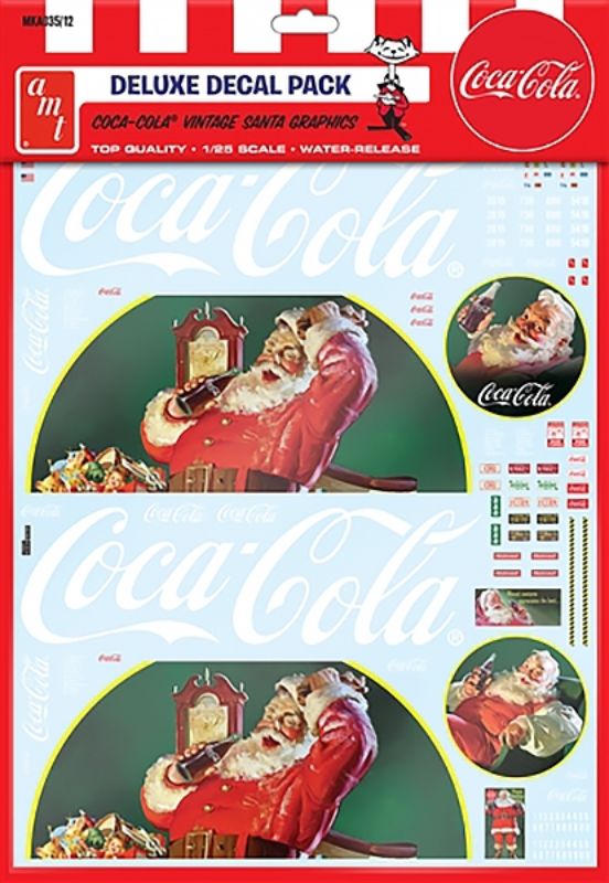 1/25 scale plastic kitset featuring vintage Coca Cola Santa Claus decals, perfect for holiday-themed model building.