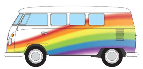 Colorful 1/43 diecast VW Camper model by Corgi, featuring iconic peace and love rainbow designs for collectors and enthusiasts.