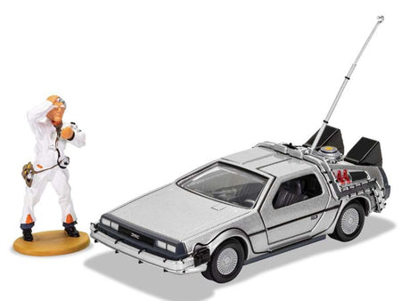 1/36 diecast model of the iconic DeLorean from *Back to the Future*, featuring Doc Brown and detailed gull wing doors.