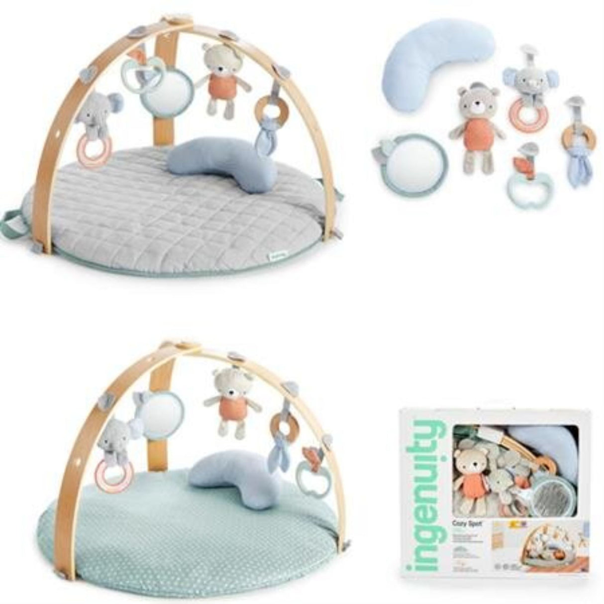Ingenuity Toy Bar & Mat features soft, cloud-like comfort with a stylish wooden bar, perfect for playtime at home or on-the-go.