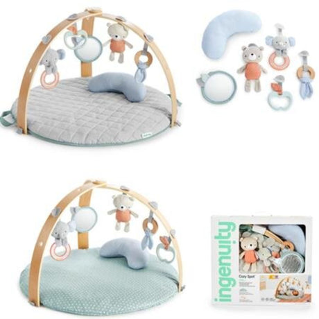 Ingenuity Toy Bar & Mat features soft, cloud-like comfort with a stylish wooden bar, perfect for playtime at home or on-the-go.