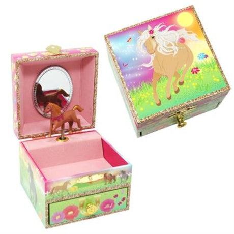 Small music box with a rainbow design, horse motifs, mirror, and figurine, playing "The Sorcerer's Apprentice".
