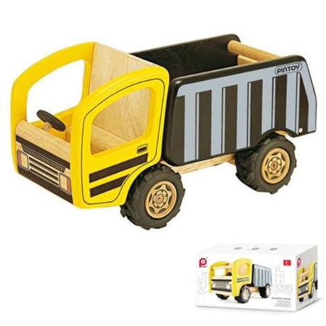 Bright yellow wooden Dumper Truck with black details; tilting tipper and opening tailgate for creative play and learning.