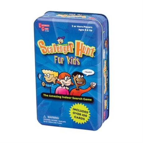 Colorful tin for the UG Scavenger Hunt game, featuring challenge cards and a magnifying glass for creative family fun.