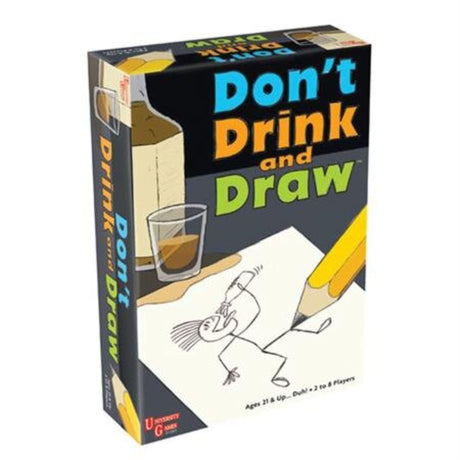 Hilarious party game "Don't Drink and Draw," featuring 150 unique drawing prompts for 2-8 adult players.