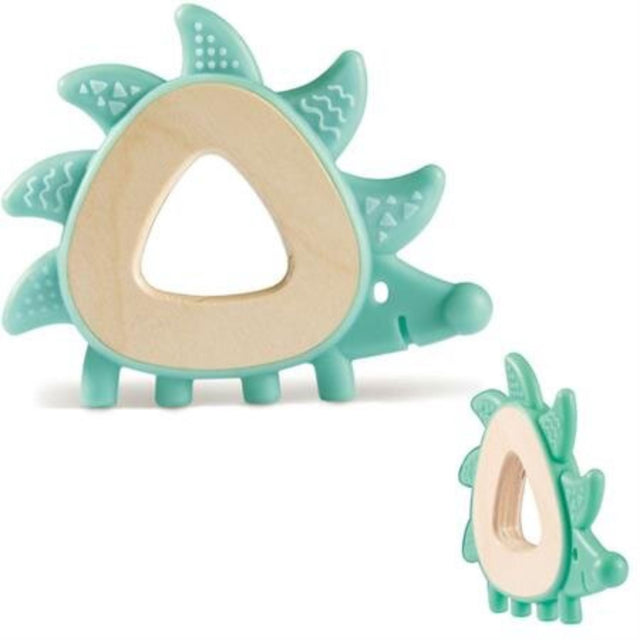 Hape Hedgehog Teether with smooth wooden body and soft silicone spikes for soothing sore gums in infants.