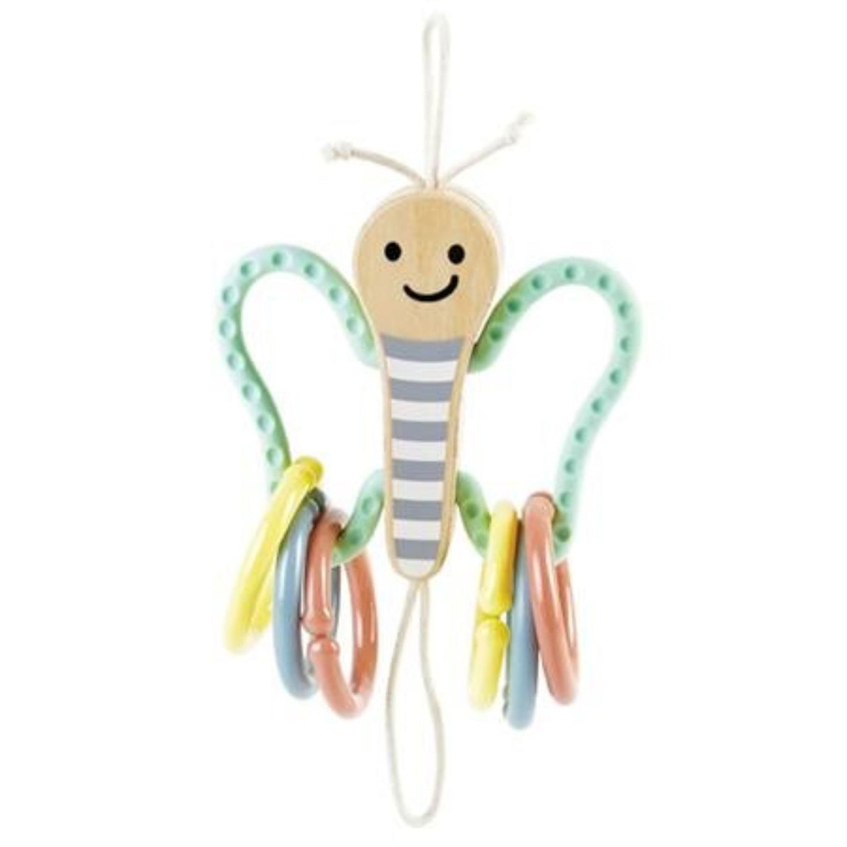 Hape Butterfly Links featuring safe silicone wings and colorful rings for sensory play and motor skill development.