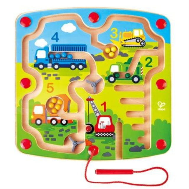 Colorful Hape Construction & Number Maze for kids, featuring a magnetic wand to navigate balls through a vibrant 3D maze.