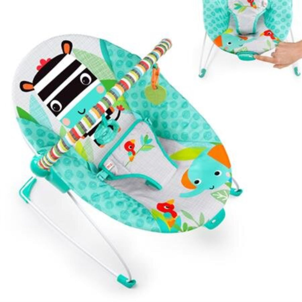 Bright Starts Vibrating Zig Zag Zebra Bouncer with vibrant design, soothing vibrations, and jungle-themed toys for infants.