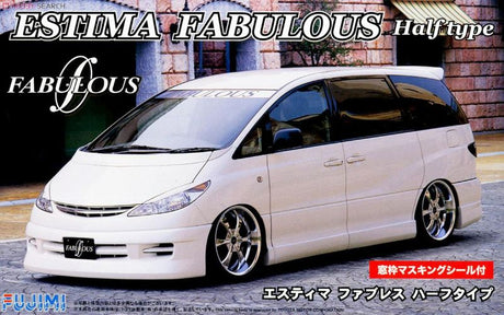 Unassembled 1/24 scale Fujimi Toyota Estima Fabulous plastic model kit for automotive modeling enthusiasts.