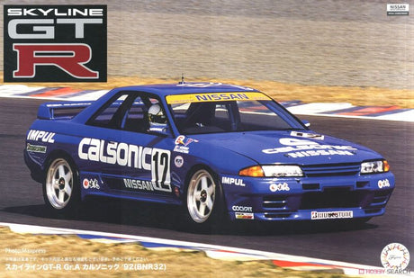 Detailed 1/12 scale model kit of the iconic 1991 Nissan Skyline GT-R Gr.A Calsonic for hobbyists and collectors.