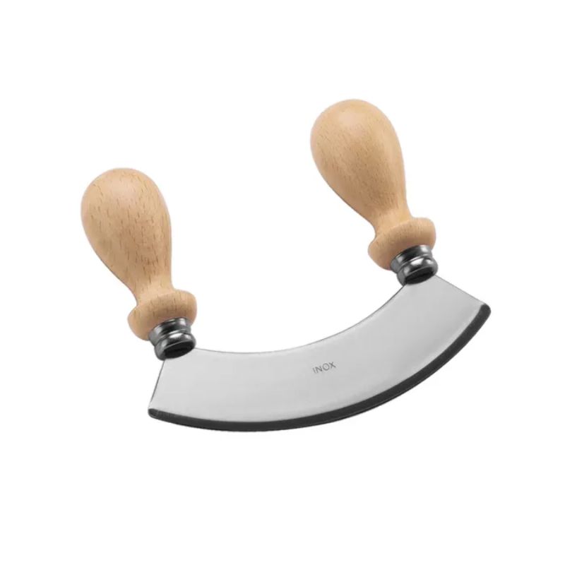 Mezzaluna rocker knife with stainless steel blade and beechwood handles, ideal for chopping herbs and vegetables efficiently.