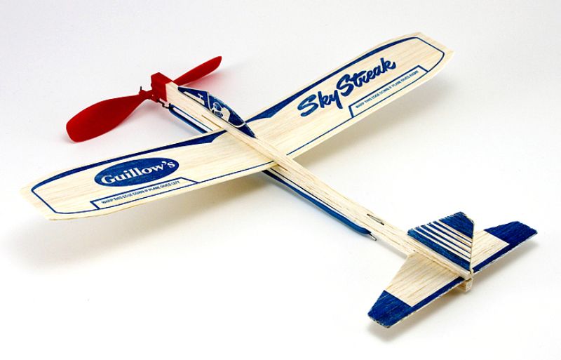 Balsa wood model kit of the Guillows #50 Sky Streak glider, perfect for beginners and enthusiasts to assemble and fly.