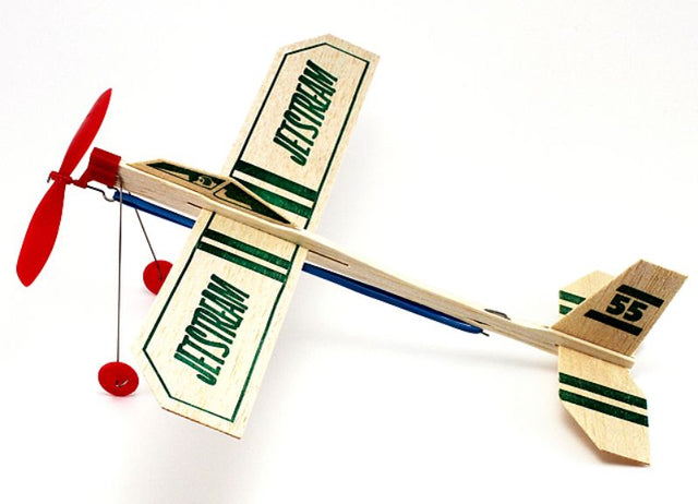 Guillows #55 Jetstream Rubber Power Glider kit with sleek balsa design for beginners, ideal for outdoor flying and creativity.