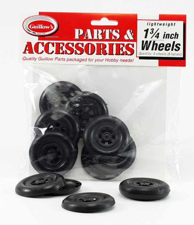 1 3/4" plastic wheels from Guillows, 8-pack, designed for balsa model kits and gliders, ensuring smooth rolling and durability.