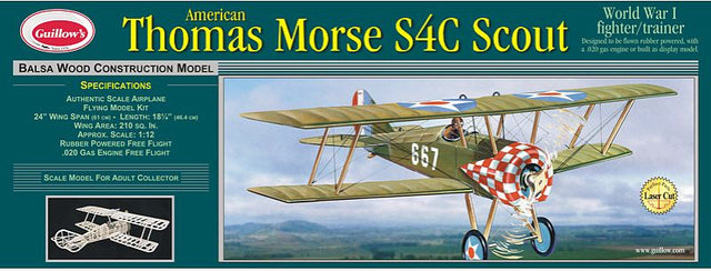 Balsa Glider Kit of the WW1 Thomas Morse Scout, featuring 24" wingspan, scale model, and rubber-powered free flight.