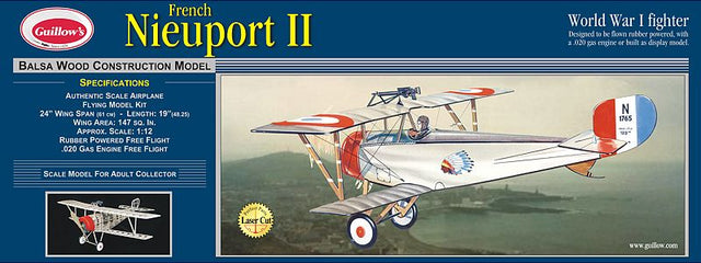 Balsa Glider Kit of the WW1 Nieuport 2, featuring a 24" wingspan for outdoor rubber-powered flight and enjoyable build experience.