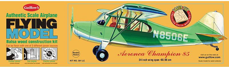 Balsa Glider Kit featuring the 1/18 scale Aeronca Champion with a 24-inch wingspan, perfect for model enthusiasts.