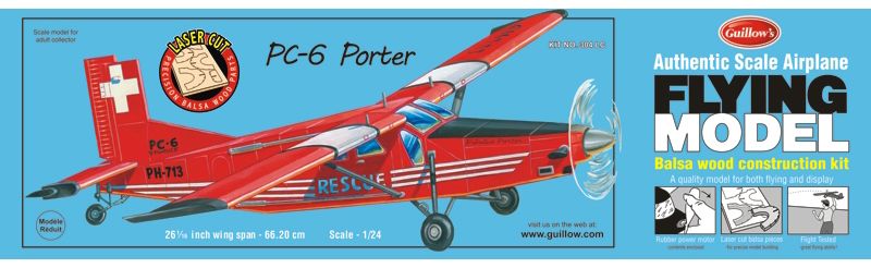 Balsa Glider Kit 1/18 Porter PC6 with 26" wingspan, ideal for aviation enthusiasts and model-building fun.