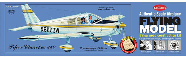 Balsa Glider Kit of a 1/18 Piper Cherokee 140 model with a 20-inch wingspan, perfect for aviation enthusiasts and builders.