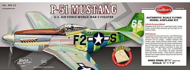 Balsa Glider Kit of the iconic 1/16 P-51D Mustang, featuring a 27¾-inch wingspan for model enthusiasts and builders.