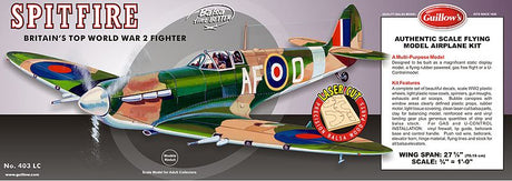 Balsa Glider Kit of a 1/16 Spitfire with 27 5/8" wingspan, ideal for aviation enthusiasts and model building.