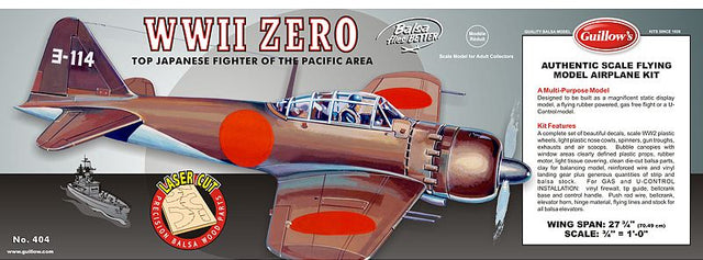 Balsa Glider Kit featuring a 1/16 scale Mitsubishi Zero model with a 27¾-inch wingspan, ideal for hobbyists and aviation fans.