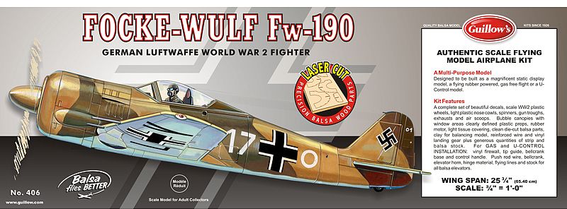 Balsa Glider Kit of the Focke-Wulf Fw-190, featuring precision-cut parts and 25-inch wingspan for easy assembly.