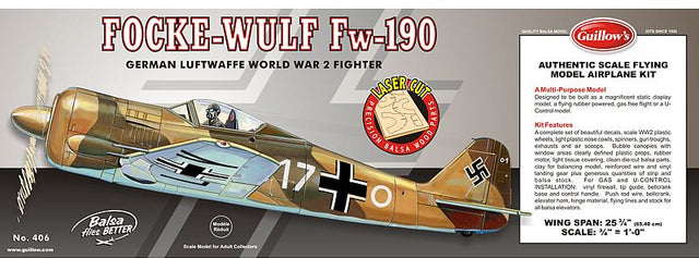 Balsa Glider Kit of the Focke-Wulf Fw-190, featuring precision-cut parts and 25-inch wingspan for easy assembly.