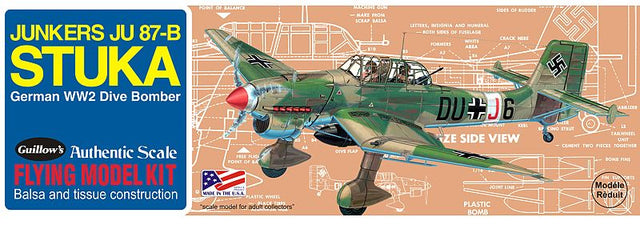 Balsa wood model kit of the 1/32 Ju-87B Stuka, showcasing WWII dive-bomber details and a 16-inch wingspan.