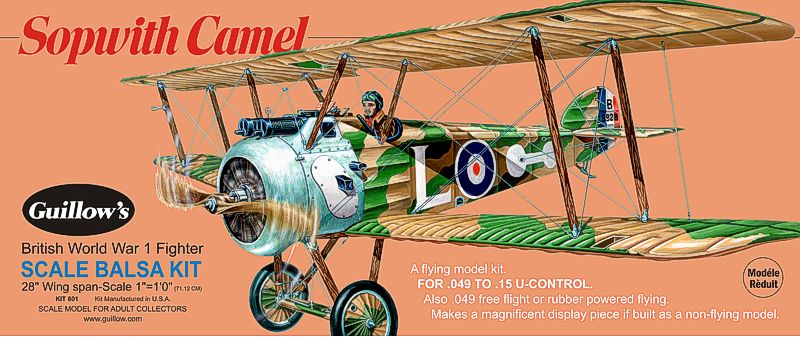 Balsa Glider Kit of the Sopwith Camel WW1 Fighter, featuring a 28-inch wingspan, ideal for hobbyists and history enthusiasts.