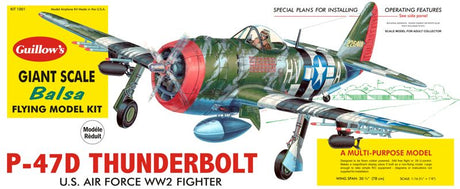 Detailed balsa wood model kit of the WWII P-47D Thunderbolt with 30.5” wingspan, ideal for aviation enthusiasts and builders.