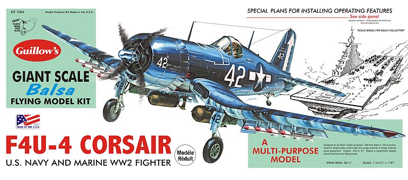 Balsa Glider Kit of the F4U-4 Corsair, 30.75-inch wingspan, unassembled model for aviation enthusiasts and hobbyists.