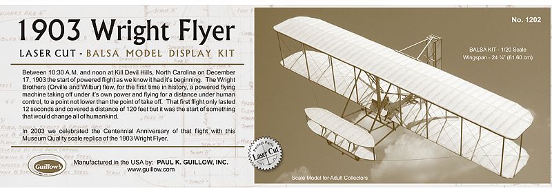 Balsa Glider Kit featuring 24-inch wingspan, 150+ laser-cut parts, recreates 1903 Wright Flyer for model builders.