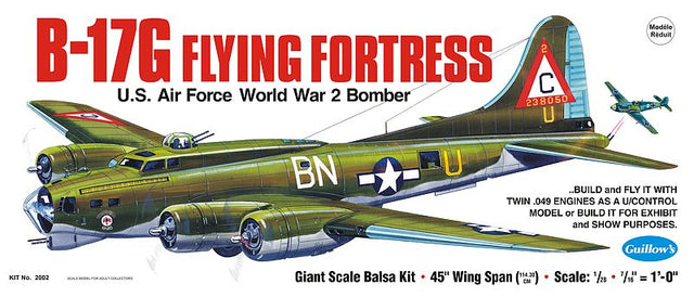 Balsa model kit of the iconic 1/28 B-17 Flying Fortress with a 45" wingspan, perfect for scale modeling enthusiasts.