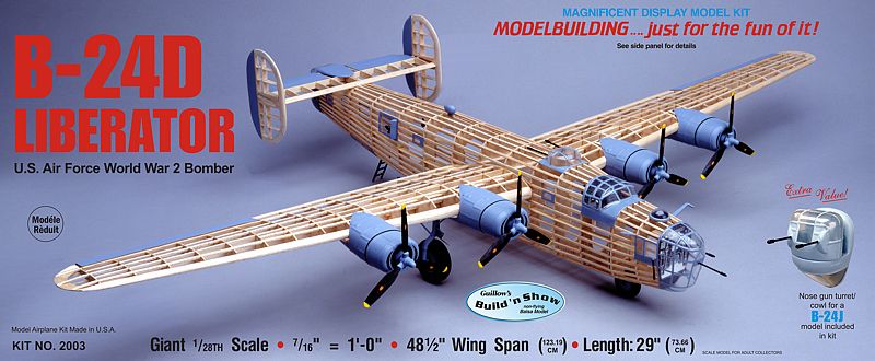 1/28 B-24D Liberator balsa model kit by Guillows with 48-inch wingspan, perfect for hobbyists and WWII aviation enthusiasts.