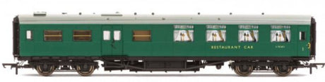 Detailed 1:76 scale model of the Hornby Maunsell Kitchen Dining First E4 carriage, ideal for realistic train layouts.