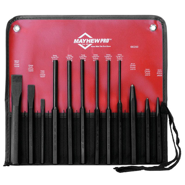 Mayhew 12PC Punch & Chisel Set featuring various sizes, durable steel construction, and convenient roll pouch for organization.