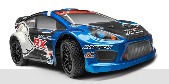 Maverick 1/10 Strada RX Rally Cross RC car with waterproof speed control, 12-turn motor, and 4WD design for thrilling off-road fun.