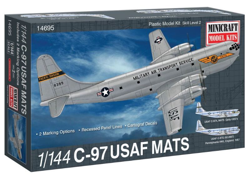 Detailed 1/144 scale C-97 USAF MATS model kit with recessed panel lines, two marking options, and Cartograf decals.