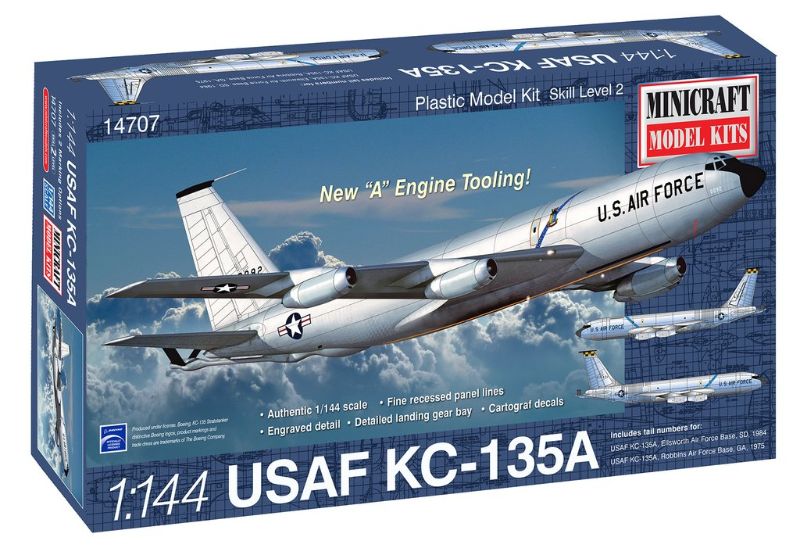 1/144 KC-135A USAF SAC plastic model kit by Minicraft, featuring detailed engravings and landing gear, perfect for model enthusiasts.