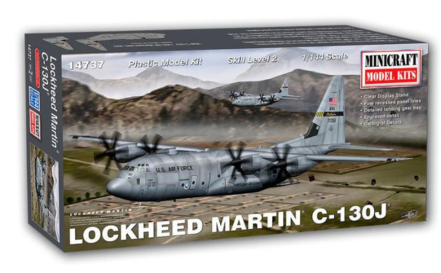 1/144 scale model kit of C-130J Hercules USAF with detailed features, Cartograf decals, and clear display stand included.