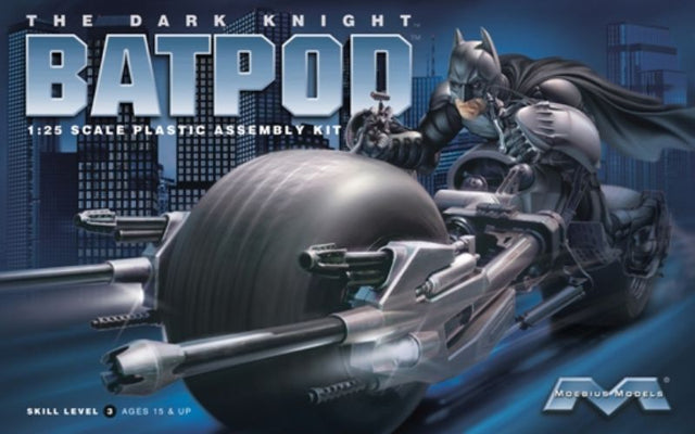 Detailed 1/25 scale plastic model kit of the Dark Knight's Batpod, perfect for collectors and Batman fans.