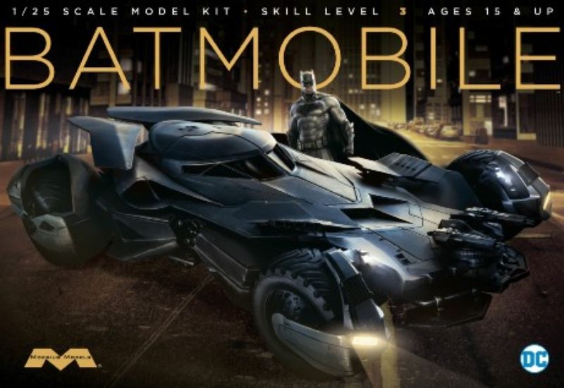 Detailed plastic model kit of the 1/25 Batman Batmobile from Batman vs Superman, perfect for hobbyists aged 10 and up.