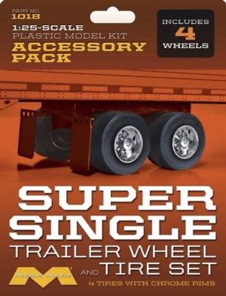 Detailed 1/25 scale Super Single Trailer plastic kitset with 4 intricate wheels, ideal for hobbyists aged 10 and up.